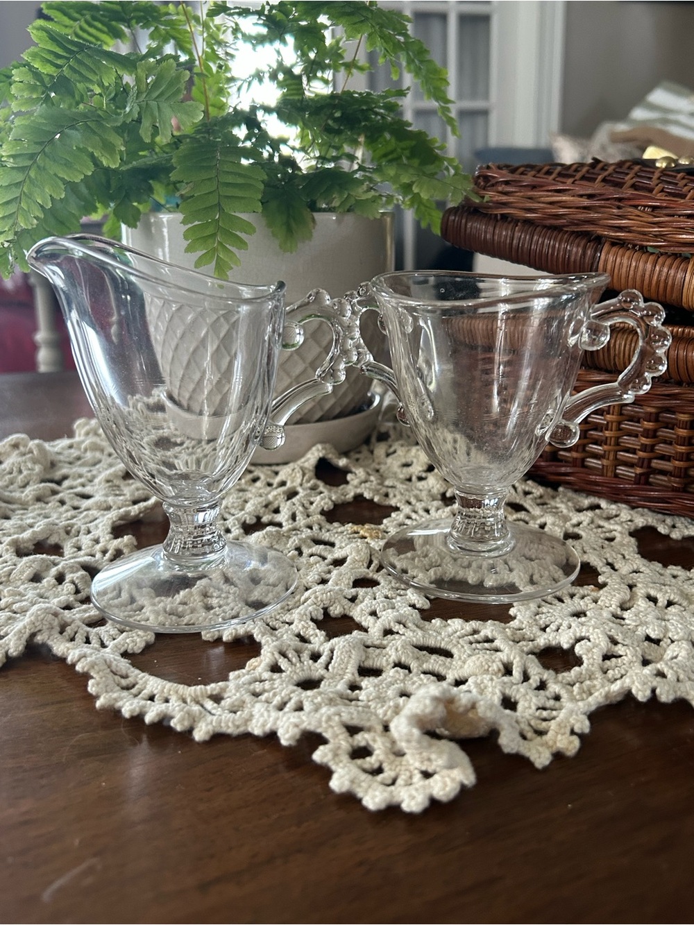 Candlewick Beaded Handle Open Sugar Bowl & Creamer by Imperial Glass Co